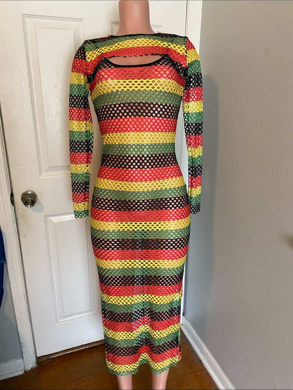 Striped Mesh Long-Sleeve 2 piece Bodycon Dress in Red, Yellow & Green